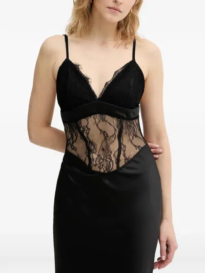 Haveone Lace-panelled Satin-finish Maxi Dress In Black