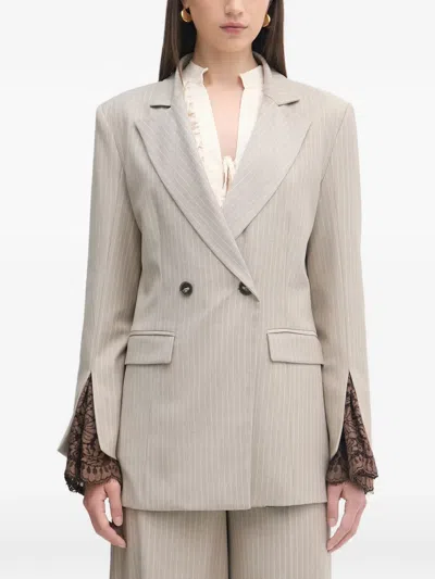 Haveone Lace-trim Double-breasted Blazer In Gray
