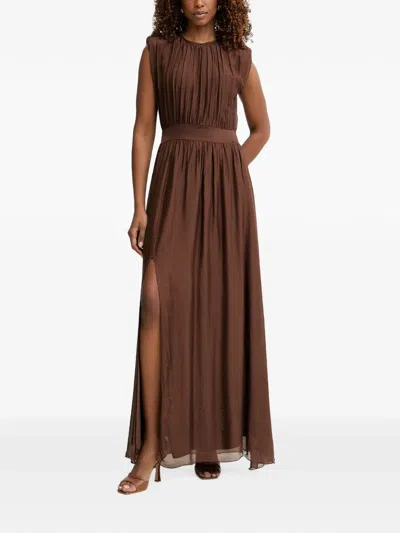 Haveone Maxi Ruched Side-slit Dress In Brown