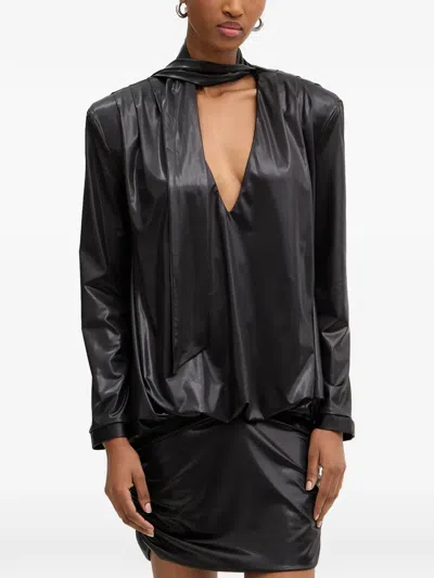 Haveone Pussy-bow Draped Midi Dress In Black