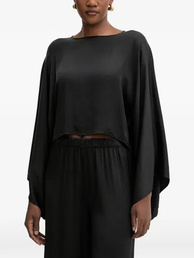 Haveone Satin Cape-sleeve Cropped Blouse In Black