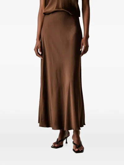 Haveone Satin-finish Flared Maxi Skirt In Brown