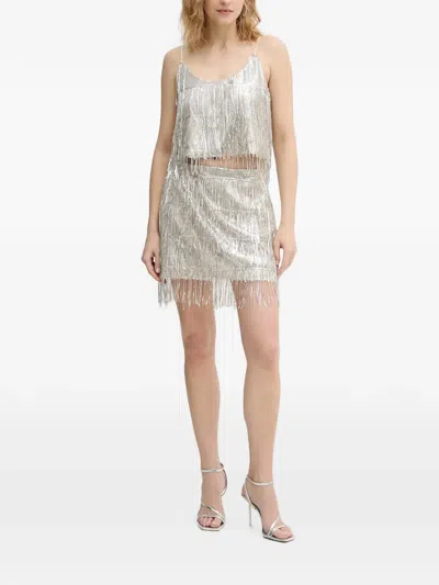 Haveone Sequin-embellished Fringed Mini Skirt In White