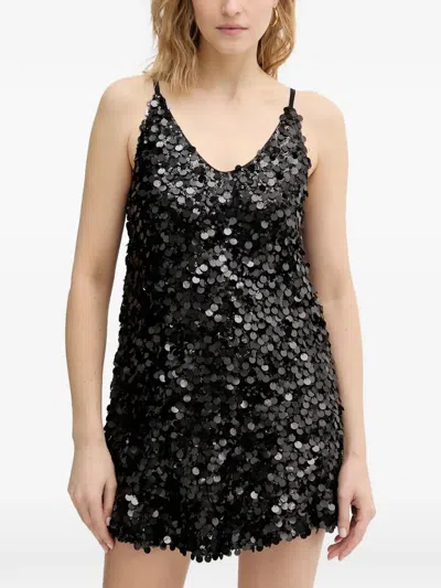 Haveone Sequin-embellished V-neck Mini Dress In Black