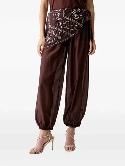 Haveone Sequin-embellished Wrap-panel Trousers In Brown