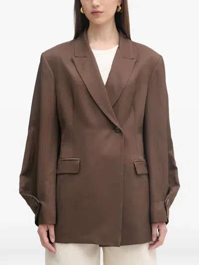 Haveone Single-breasted Puff-sleeve Blazer In Brown