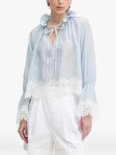 Haveone Stripe-pattern Lace-trim Blouse In Blue