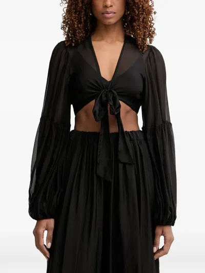 Haveone Tie-front Balloon-sleeve Blouse In Black