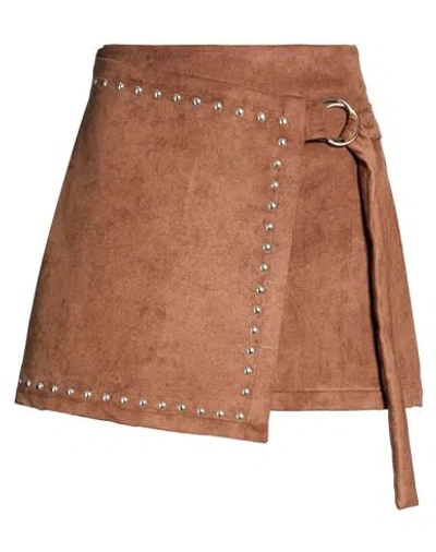 Haveone Woman Mini Skirt Chocolate Brown Size M Polyester, Elastic Fibres