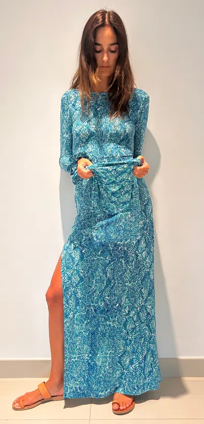 Hawa Made From Love Turquoise Maha Snake Pattern Maxi Dress In Blue