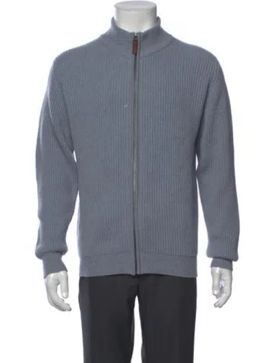 Pre-owned Hawico Cashmere Mock Neck Cardigan In Blue/grey