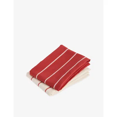 Hay Beige With Red Stripe Outdoor Market Set Of Two Cotton And Linen Tea Towels 80cm X 52cm