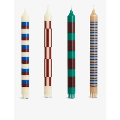 Hay Sand And Blue Pinstripe Graphic-pattern Wax Candles Set Of Four