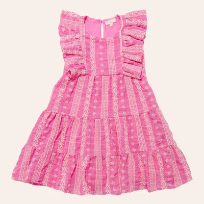 Hayden Girls' Pink Floral Embroidered Ruffle Sleeve Tiered Dress