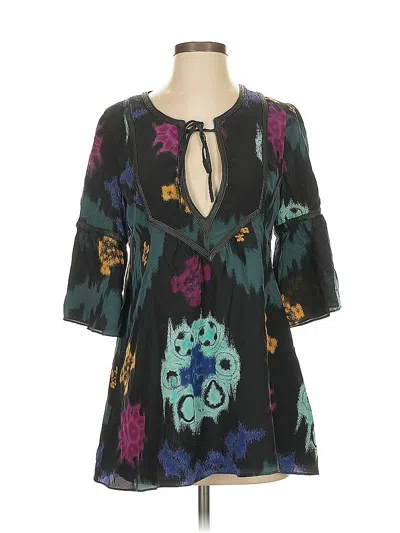 Pre-owned Hayden Harnett 3/4 Sleeve Silk Top Black Graphic Pattern Keyhole Neckline Tops