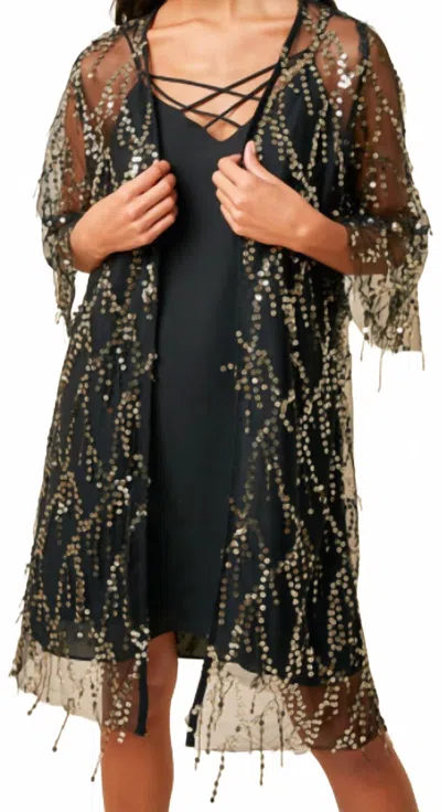 Hayden La Bell Sleeve Sequin Open Kimono In Black & Gold In Multi
