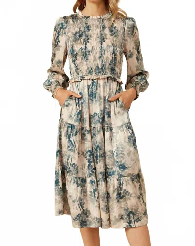 Hayden La Botanical Print Smocked Bodice Satin Dress In Beige In Neutral