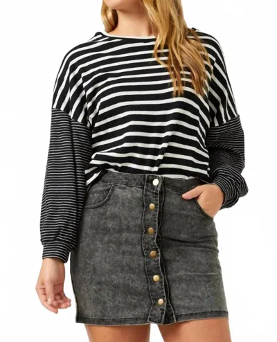Hayden La Contrast Stripe Sleeve Textured Knit Top In Black/white In Blue