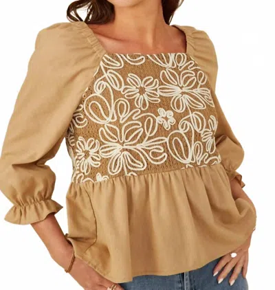 Hayden La Floral Embroidered Mixed Media Peplum Top In Tan In Brown