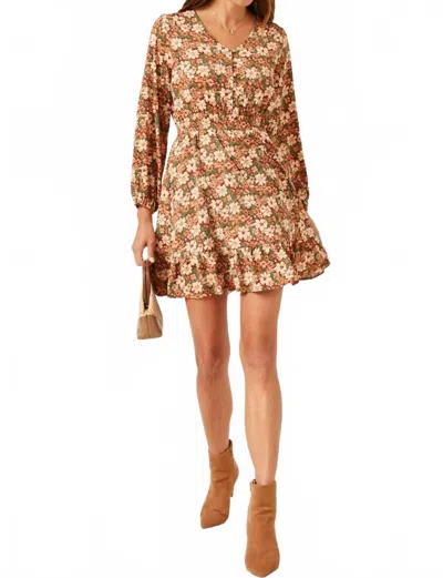 Hayden La Floral Print Smocked Waist Button Detail Dress In Brown Floral In Multi