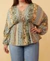 Hayden La Mixed Print Block Dolman Peplum Top - Plus In Olive