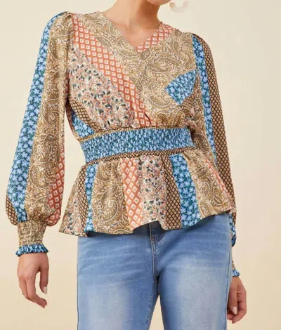 Hayden La Multi Printed Smocked Peplum Blouse In Brown Mix