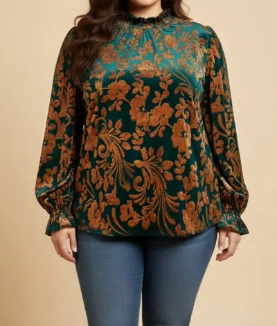 Hayden La Paisley Burnout Velvet Ruffle Neck Top In Teal In Blue