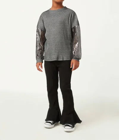 Hayden La Kids' Sequin Sleeve Metallic Rib Long Sleeve Top In Black In Gray