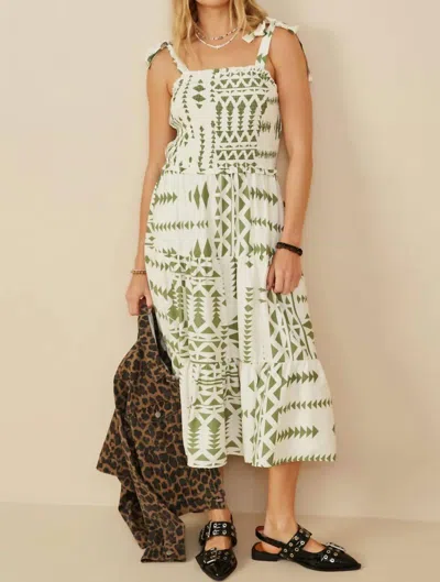 Hayden La Shoulder Tie Smocked Geometric Print Dress In Green/white In Multi