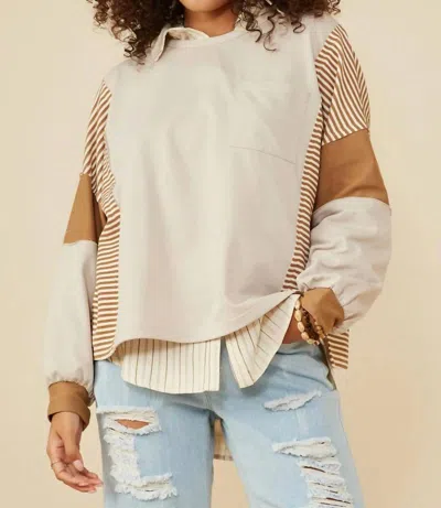 Hayden La Stripe And Color Block Sleeve Detail Knit Top In Taupe In Neutral