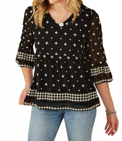 Hayden La Tulip Sleeve Embroidered Border Blouse In Black