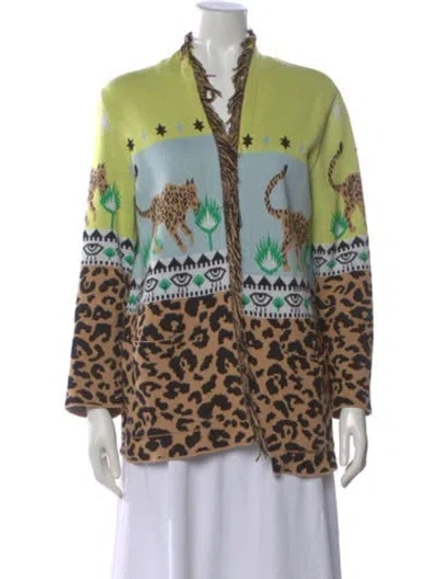 Pre-owned Hayley Menzies Animal Print Open Front Sweater In Green