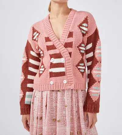 Hayley Menzies Cotton Intarsia Double Breasted Cardigan In Nomad In Pink