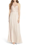 Hayley Paige Occasions Lace & Chiffon Halter Gown In Rose/blush/cashmere