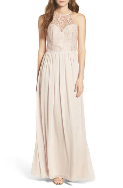 Hayley Paige Occasions Lace & Chiffon Halter Gown In Rose/blush/cashmere