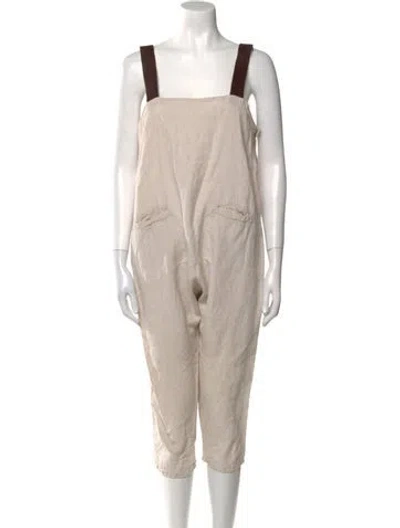 Pre-owned Hazel Brown Linen Square Neckline Jumpsuit In Neutral