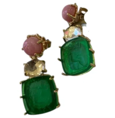 Hazel Smyth Women's Bacchus Intaglio Earrings In Klecks, Pink Opal, Rock Cyrstal And Green