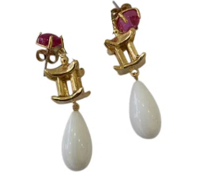 Hazel Smyth Women's Pagoda Teardrop Earrings In Pink Corundum Cab And White Coral