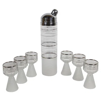 Pre-owned Hazel-atlas Vintage Deco 1930s Macbeth- Evans Skyscraper Silver Stripe Cocktail Shaker Set