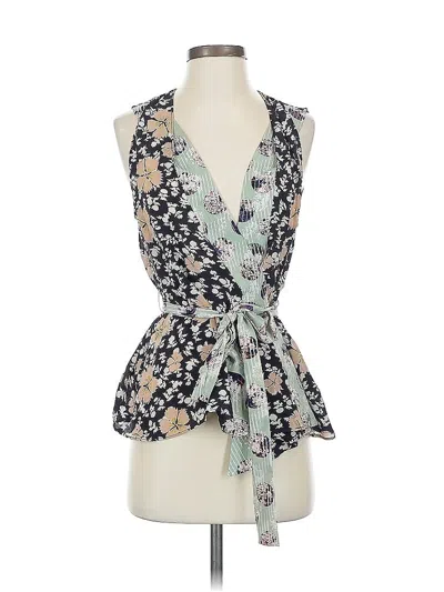 Pre-owned Hd In Paris Sleeveless Silk Top Blue Plunge Neckline Tops