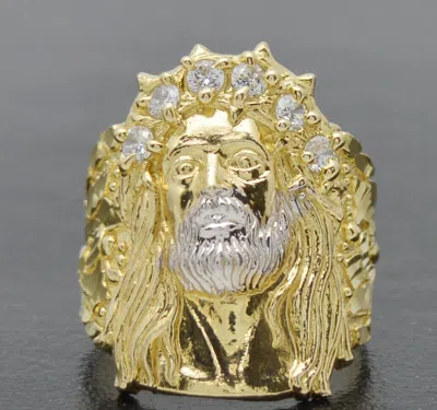 Pre-owned Head Real Solid 10k Yellow Gold Mens Jesus  Nugget Cz Ring 27mm All Sizes