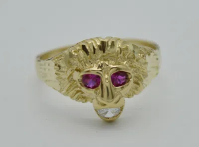 Pre-owned Head Real Solid 10k Yellow Gold Mens Red Eye Lion  Ring 2.9 Grams All Sizes