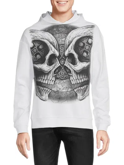 Heads Or Tails Men's Rhinestone Skull Pullover Hoodie In White