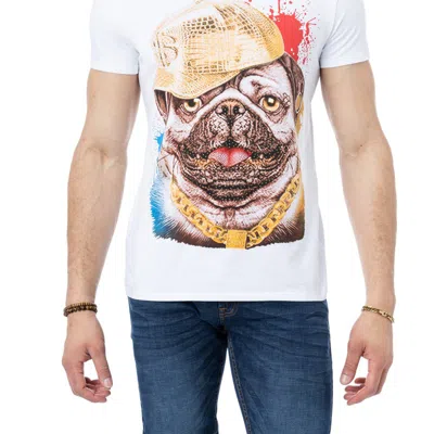 Heads Or Tails Rhinestone Studded Graphic Printed T-shirt Cool Rich Pug Dog In White