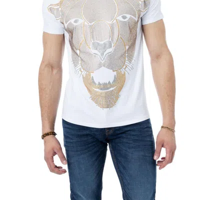 Heads Or Tails Rhinestone Studded Graphic Printed T-shirt Cougar Face In White
