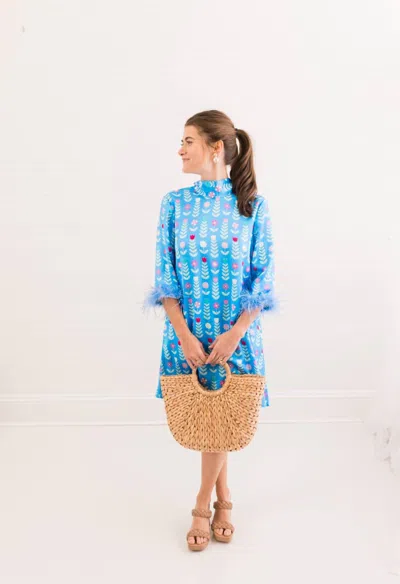 Heart Of Grace Grace Luxe Feather Caftan Mini Dress In Blue In Multi