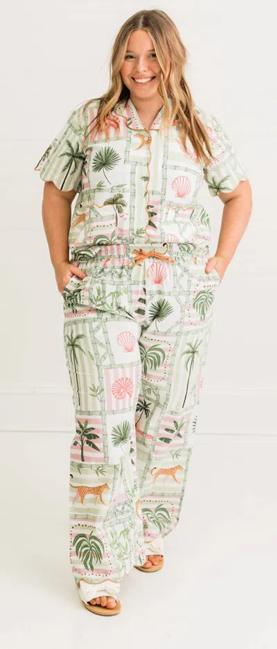 Heart Of Grace Henley Pajama Pant Set In Palm Postal In Multi