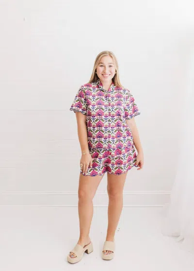 Heart Of Grace Henley Pajama Short Set In Primrose In Multi