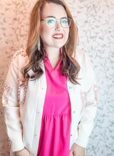 Heart Of Grace Pearl Bow Cardigan In Beige In Pink