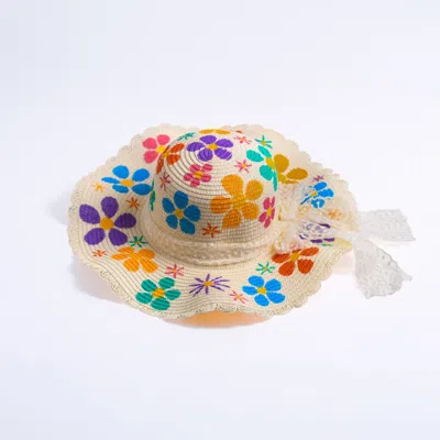 Heartfelt Layers Women's Hand Painted Floral Straw Sun Hat – Colorful Flower Summer Beach Headwear - White With Ribbo